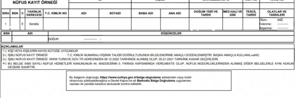 Vukuatlı Nüfus Kayıt Örneği Nasıl Alınır