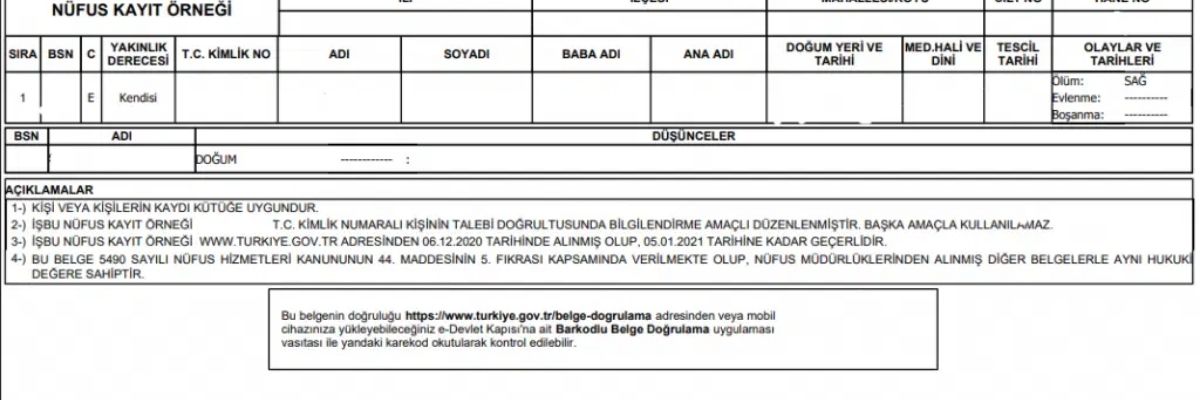 Vukuatlı Nüfus Kayıt Örneği Nasıl Alınır